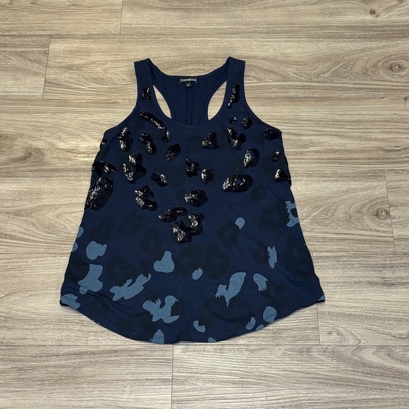 Express Navy Blue Leopard Print Sequin Tank Top – Size XS - Picture 1 of 6